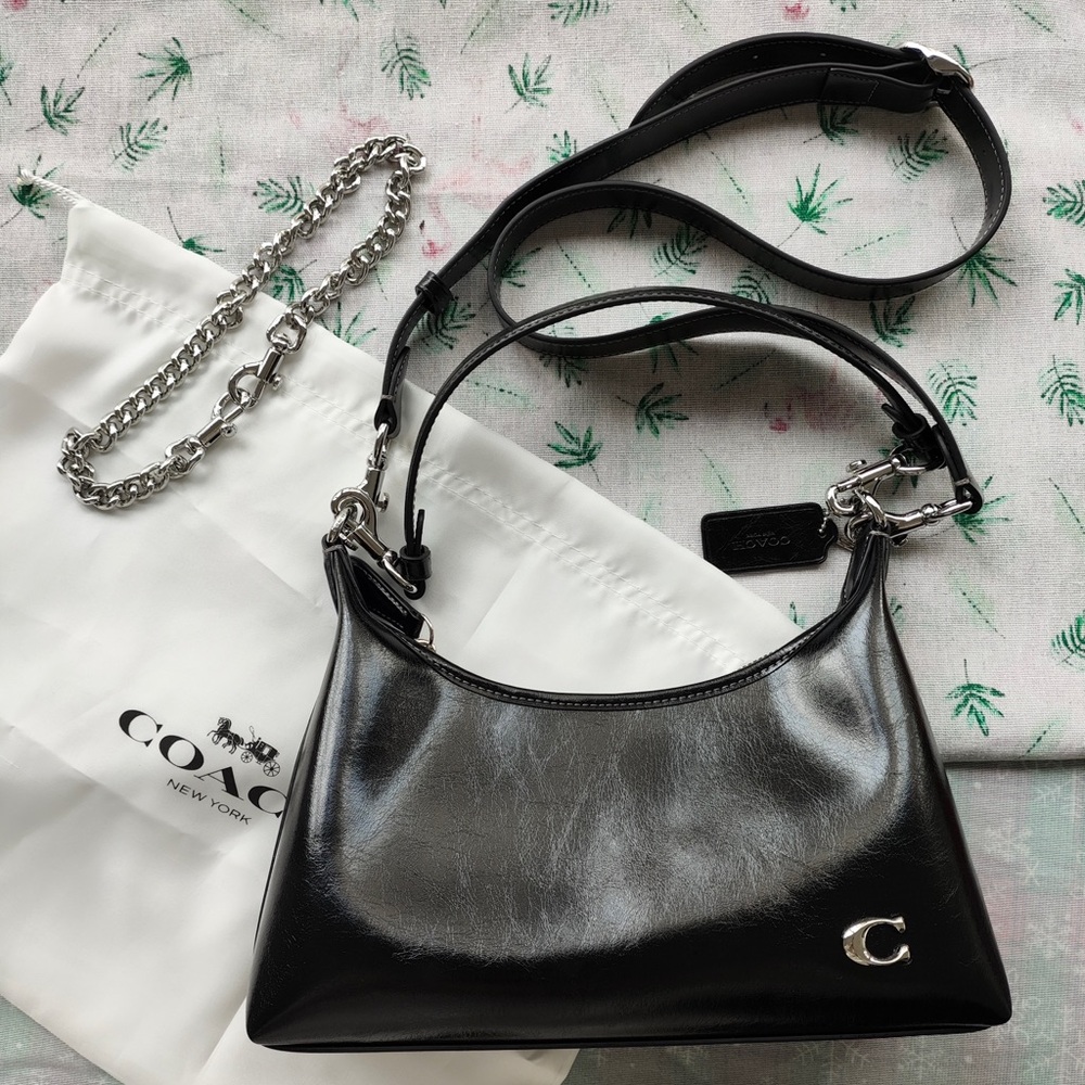 Coach Black Patent Leather Shoulder Bag with Silver 'C' Charm